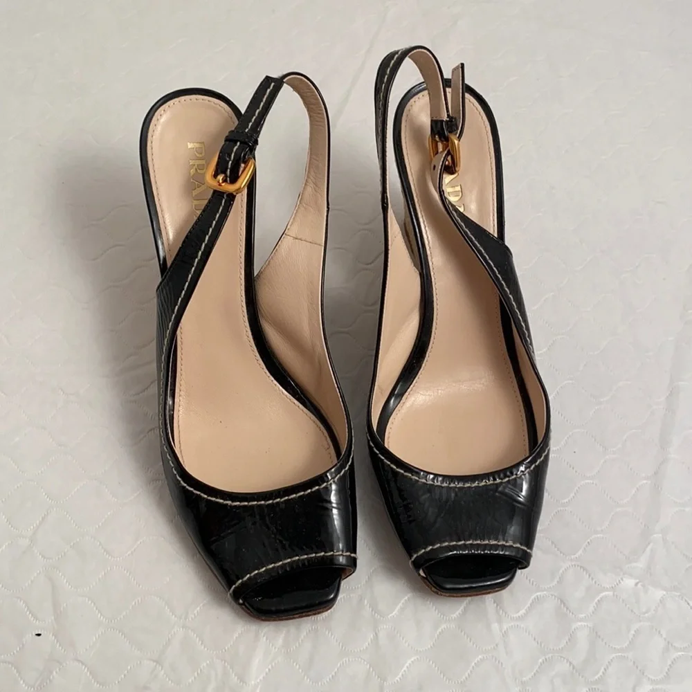 Prada open toe patent leather espadrille wedges